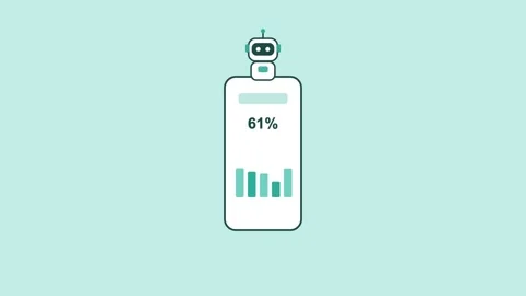 AI robot holding a smartphone with mobile analytics dashboard, teal Stock Footage 342603123