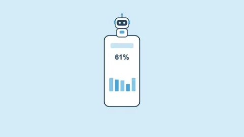 AI robot holding a smartphone with mobile analytics dashboard, sky blue Vidéo 342603124