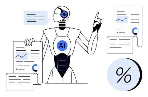 AI robot holds data sheets with various charts and graphs, communicates insig Stock Illustration