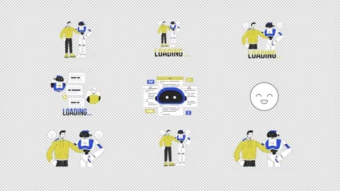 AI robot human collaboration and programming assistant cartoon animation pack 库存影片 344955617