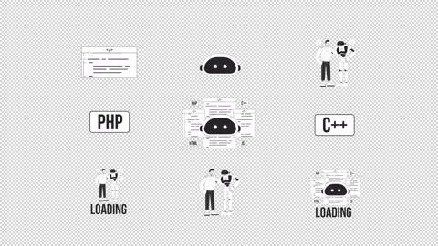 AI robot human collaboration and programming assistant black white animations Stockbeeldmateriaal 347072273