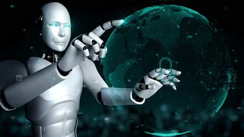 AI robot huminoid uses cloud computing technology to store data on online server Video stock 221145934