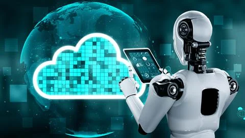 AI robot huminoid uses cloud computing technology to store data on online server Illustrazione stock