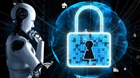 AI robot huminoid uses cloud computing technology to store data on online server Stockillustratie