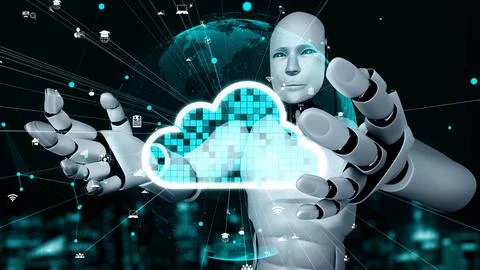 AI robot huminoid uses cloud computing technology to store data on online server Stockillustratie