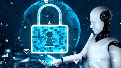 AI robot huminoid uses cloud computing technology to store data on online server Illustrazione stock