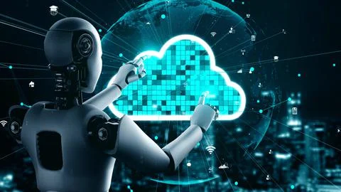 AI robot huminoid uses cloud computing technology to store data on online server Stock Illustration