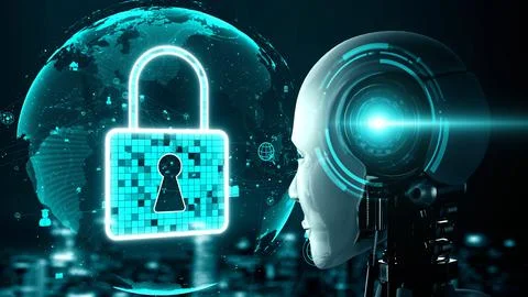 AI robot huminoid uses cloud computing technology to store data on online server Illustrazione stock