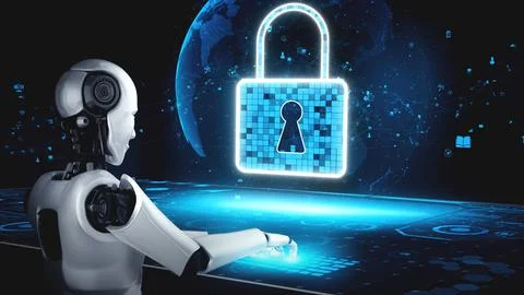 AI robot huminoid uses cloud computing technology to store data on online server 스톡 일러스트