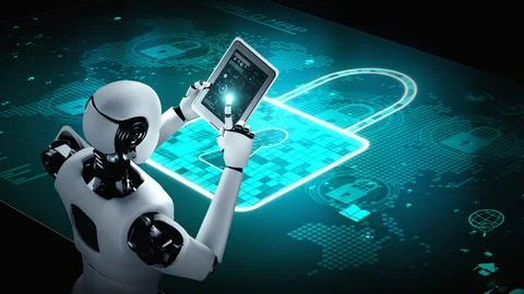 AI robot huminoid uses cloud computing technology to store data on online server Stock Illustration