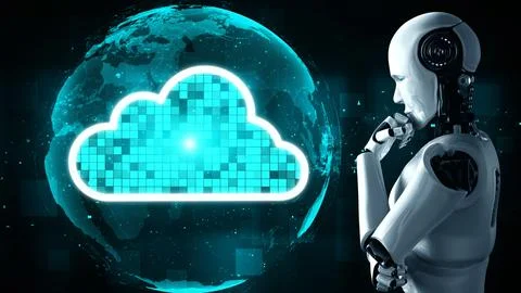 AI robot huminoid uses cloud computing technology to store data on online server Stockillustratie