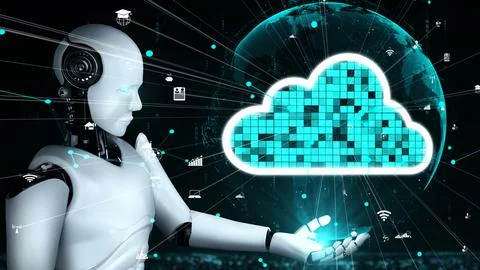 AI robot huminoid uses cloud computing technology to store data on online server イラスト素材
