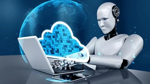 AI robot huminoid uses cloud computing technology to store data on online server Illustrazione stock