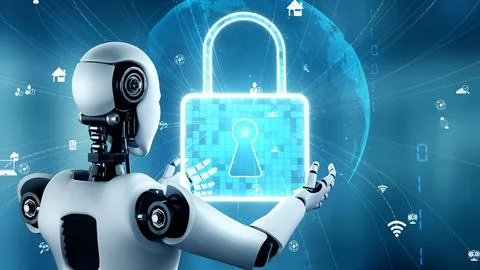 AI robot huminoid uses cloud computing technology to store data on online server Stockillustratie