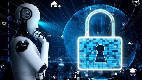 AI robot huminoid uses cloud computing technology to store data on online server Illustrazione stock