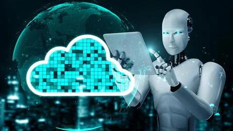 AI robot huminoid uses cloud computing technology to store data on online server Stock Illustration