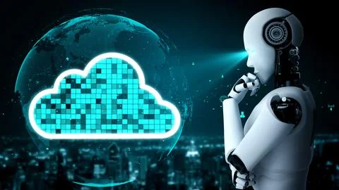 AI robot huminoid uses cloud computing technology to store data on online server Stock Illustration