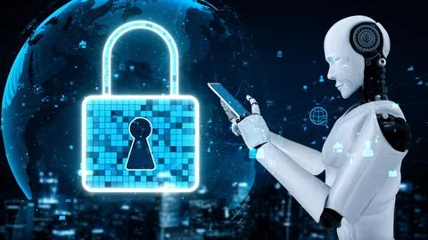 AI robot huminoid uses cloud computing technology to store data on online server Stock Illustration