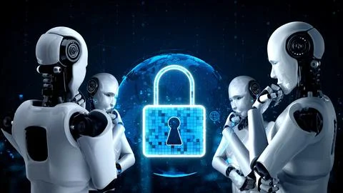 AI robot huminoid uses cloud computing technology to store data on online server 스톡 일러스트