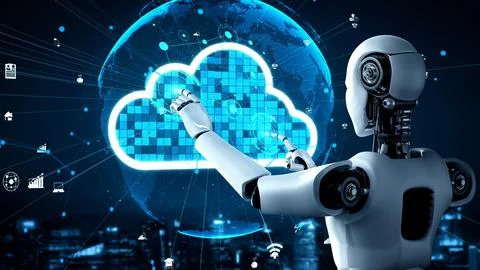 AI robot huminoid uses cloud computing technology to store data on online server Stock Illustration