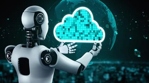 AI robot huminoid uses cloud computing technology to store data on online server Stock Illustration