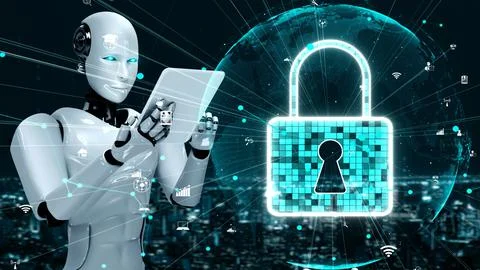 AI robot huminoid uses cloud computing technology to store data on online server イラスト素材