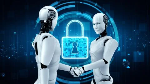 AI robot huminoid uses cloud computing technology to store data on online server 스톡 일러스트