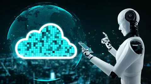 AI robot huminoid uses cloud computing technology to store data on online server Stock Illustration