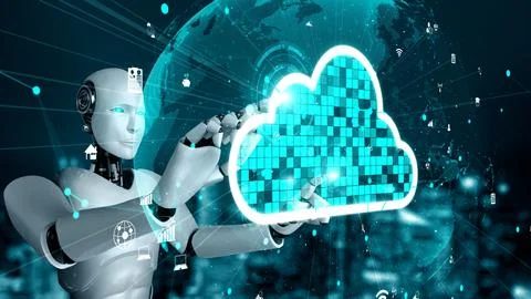 AI robot huminoid uses cloud computing technology to store data on online server Illustrazione stock