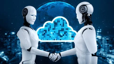 AI robot huminoid uses cloud computing technology to store data on online server Stock Illustration