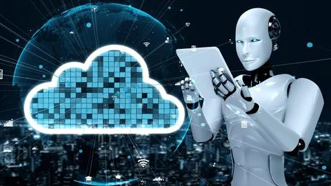 AI robot huminoid uses cloud computing technology to store data on online server Stock Illustration