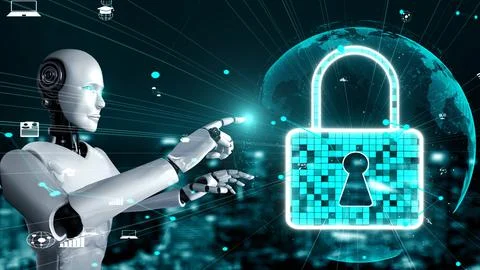 AI robot huminoid uses cloud computing technology to store data on online server Stock Illustration