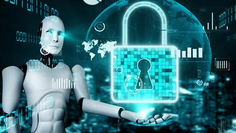 AI robot huminoid uses cloud computing technology to store data on online server Stock Illustration