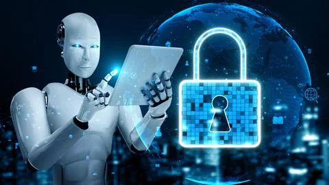 AI robot huminoid uses cloud computing technology to store data on online server Stockillustratie