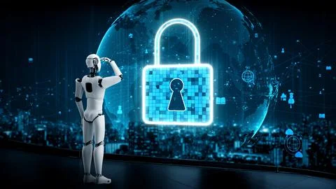 AI robot huminoid uses cloud computing technology to store data on online server Stock Illustration