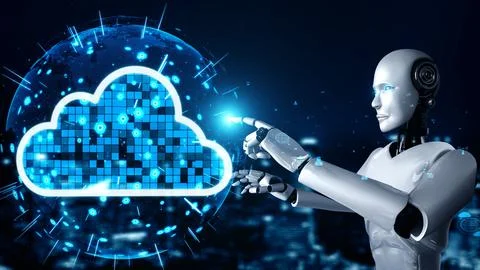 AI robot huminoid uses cloud computing technology to store data on online server Stockillustratie