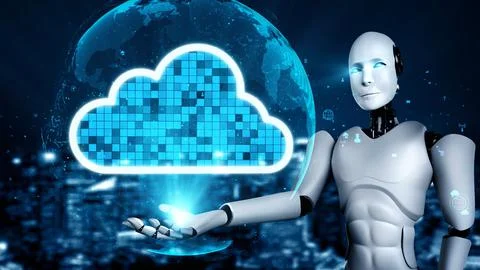 AI robot huminoid uses cloud computing technology to store data on online server Stockillustratie