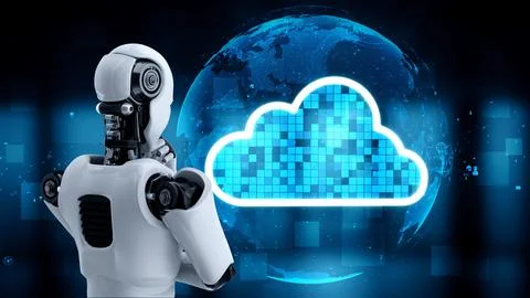 AI robot huminoid uses cloud computing technology to store data on online server Stockillustratie