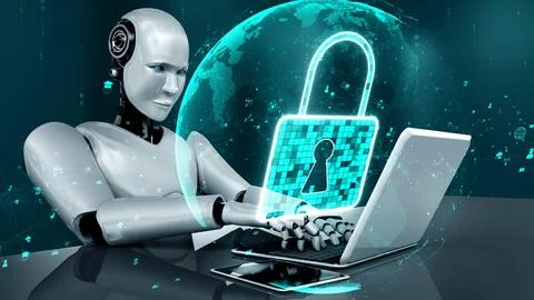 AI robot huminoid uses cloud computing technology to store data on online server Stock Illustration