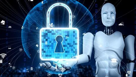 AI robot huminoid uses cloud computing technology to store data on online server 스톡 일러스트