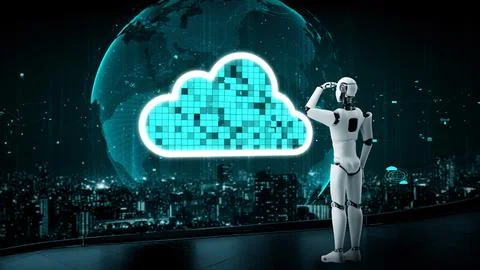 AI robot huminoid uses cloud computing technology to store data on online server Stock Illustration