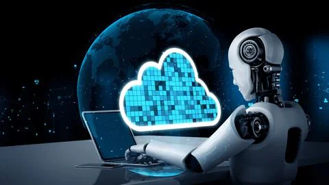 AI robot huminoid uses cloud computing technology to store data on online server Stock Illustration
