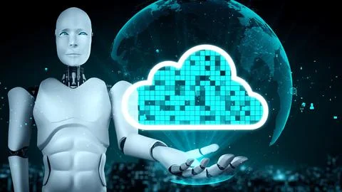AI robot huminoid uses cloud computing technology to store data on online server Stockillustratie