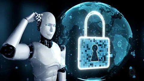 AI robot huminoid uses cloud computing technology to store data on online server Stock Illustration