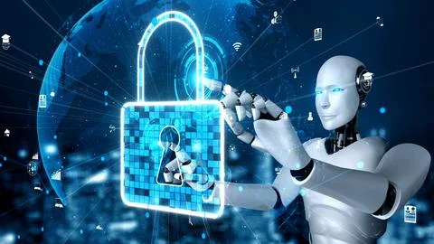 AI robot huminoid uses cloud computing technology to store data on online server Stockillustratie