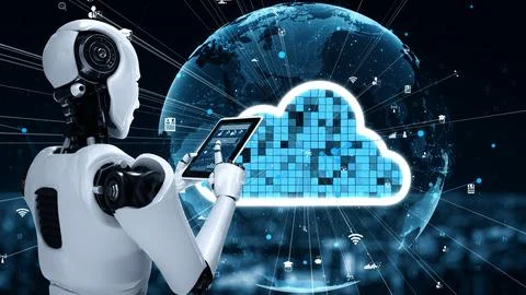 AI robot huminoid uses cloud computing technology to store data on online server イラスト素材