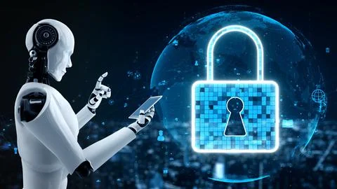 AI robot huminoid uses cloud computing technology to store data on online server イラスト素材