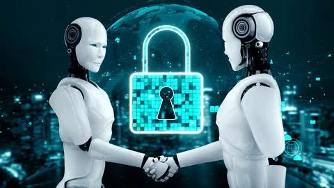 AI robot huminoid uses cloud computing technology to store data on online server 스톡 일러스트