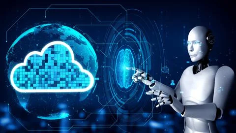 AI robot huminoid uses cloud computing technology to store data on online server Stock Illustration