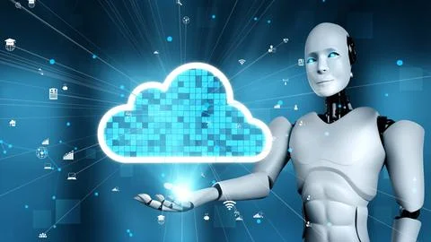 AI robot huminoid uses cloud computing technology to store data on online server Stockillustratie